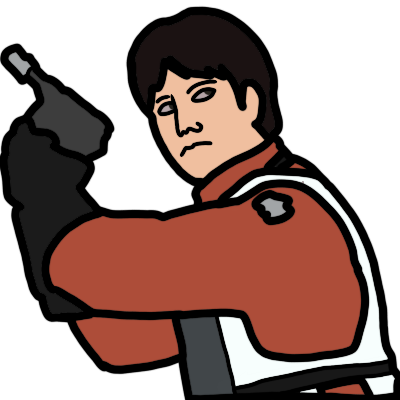 A torso portrait of Wedge Antilles from Star Wars Original Trilogy, holding a blaster.